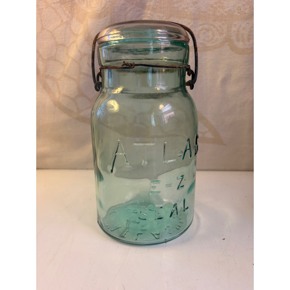 Vintage Atlas E-Z Seal Aqua Blue Glass Canning Jar with Lid and Wire Bail